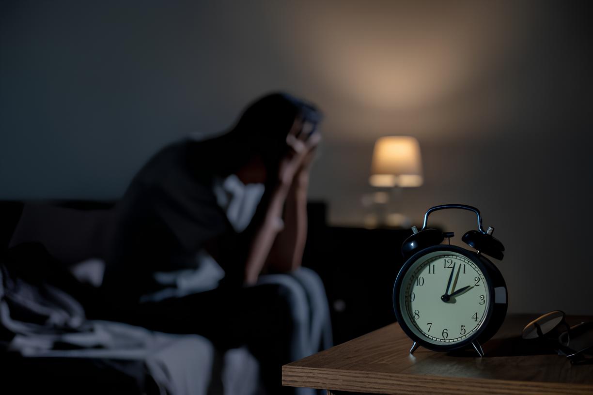 A person sitting on a bed, stressed, with an alarm clock in focus.