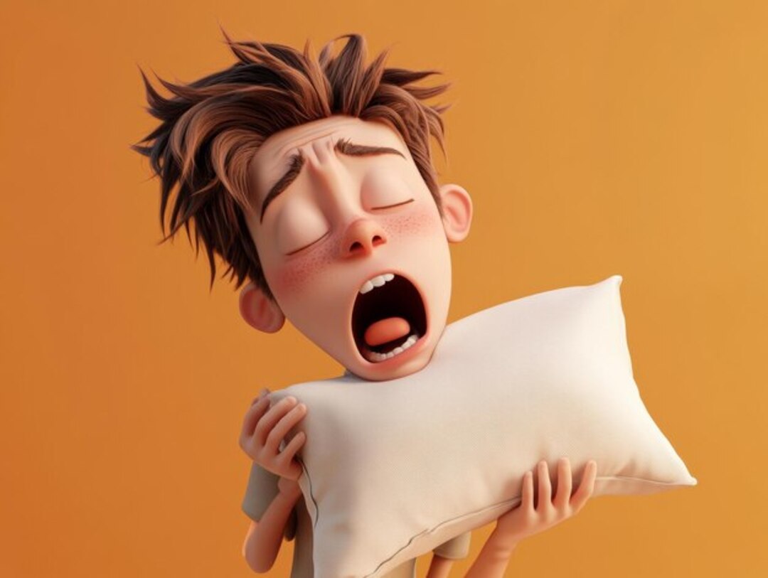 A sleepy boy yawning and holding a pillow, possibly from snoring.