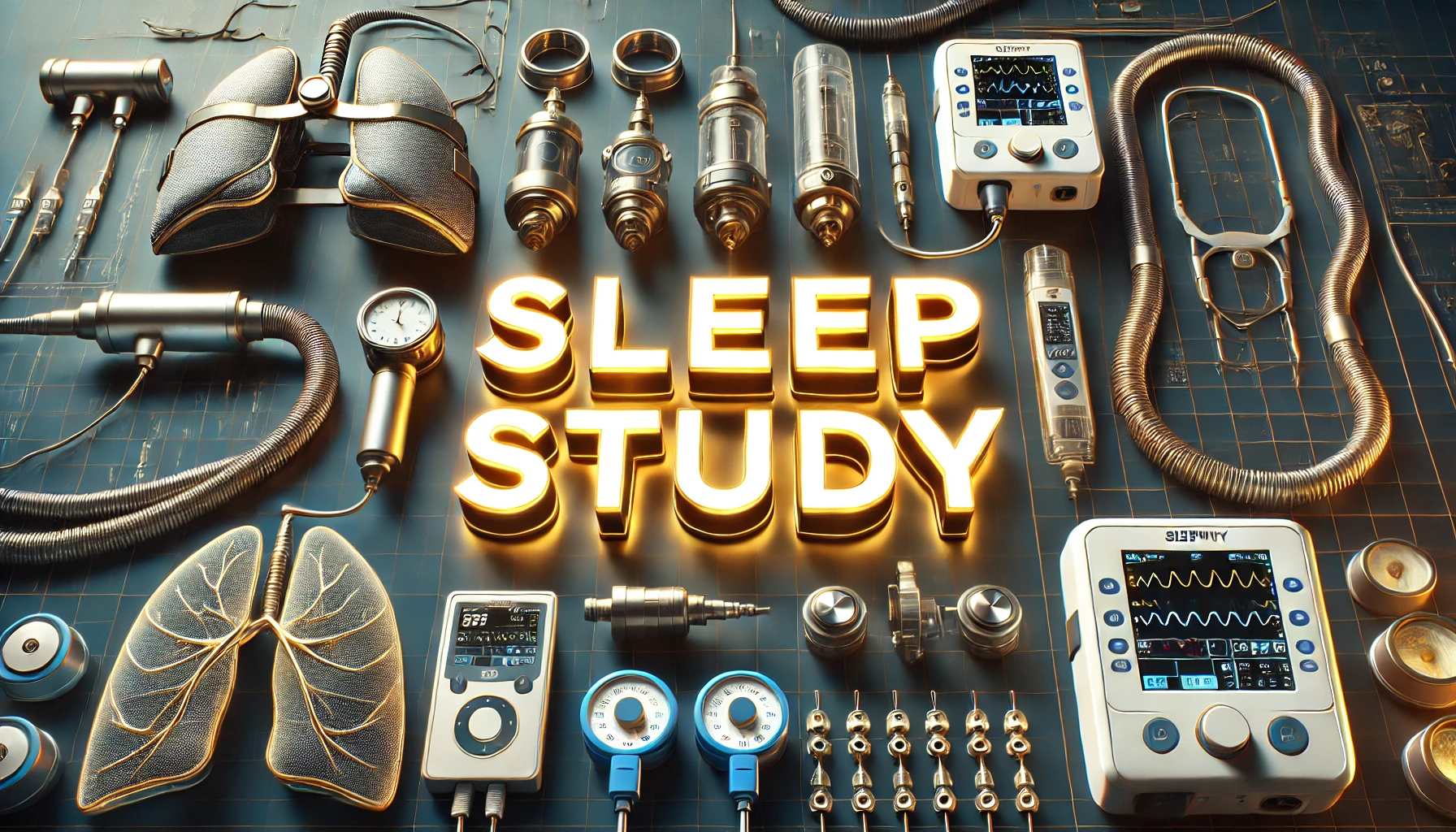 Medical equipment with the bold text "Sleep Study" glowing.