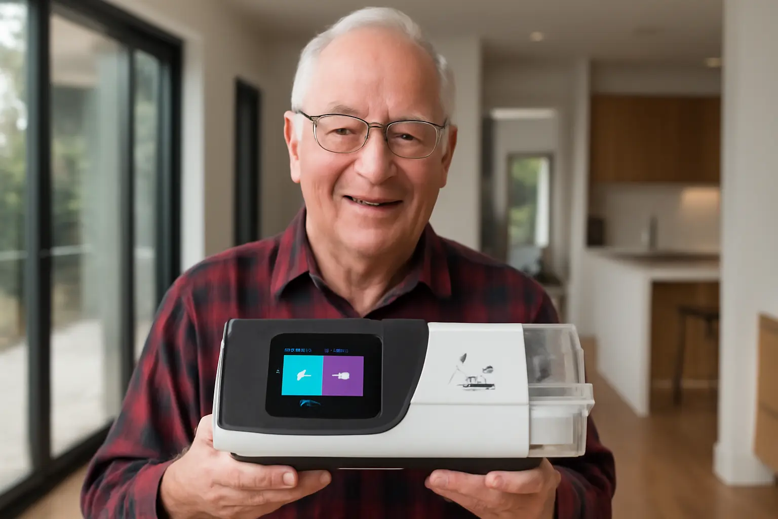 Senior man holding a CPAP machine for sleep apnea treatment.