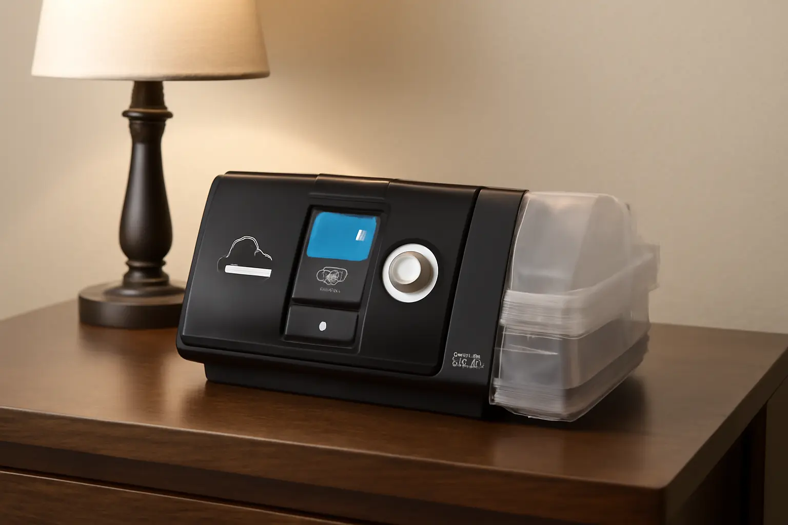 CPAP machine on bedside table for sleep disorder treatment.