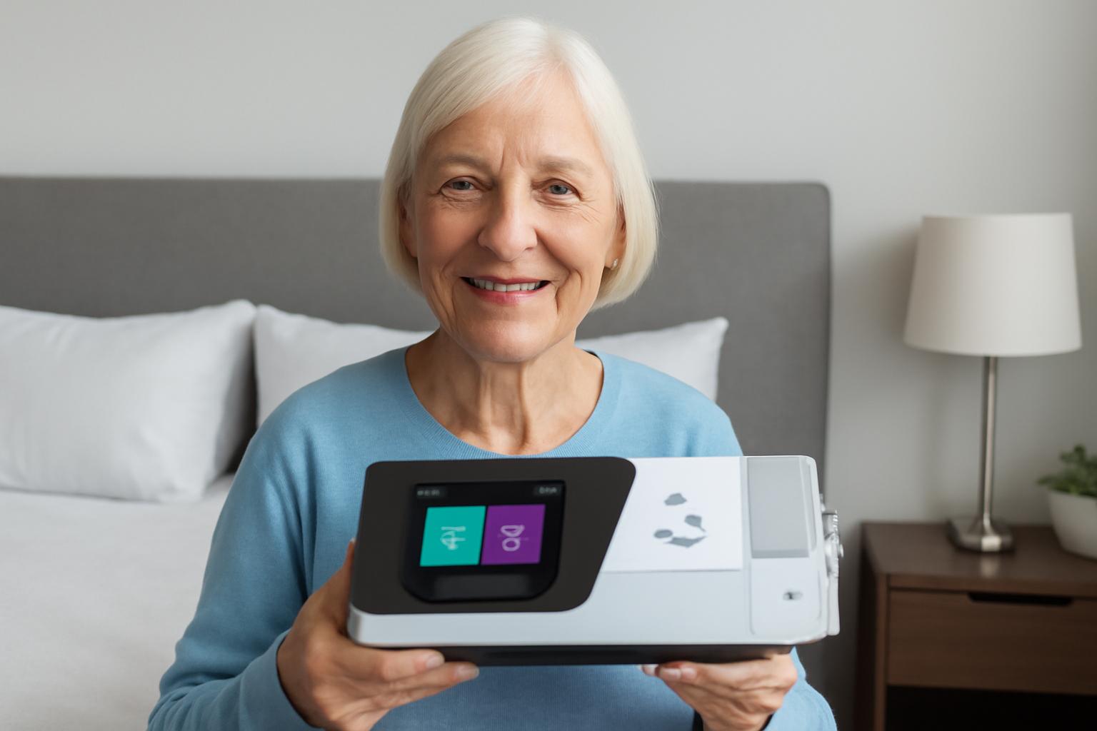 Elderly woman smiling while holding a CPAP machine