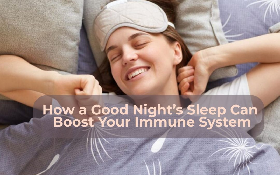 Woman waking up refreshed with a sleep mask, promoting wellness.