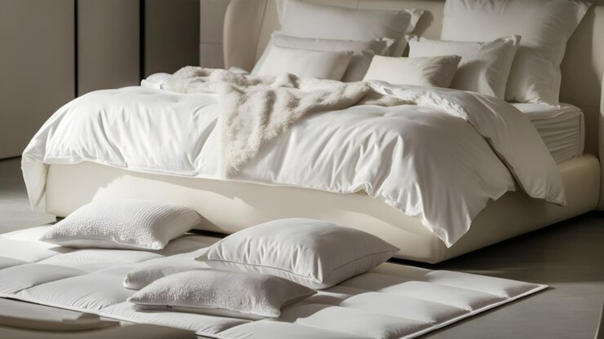 White, cozy bed with high-quality bedding, perfect for sleep.