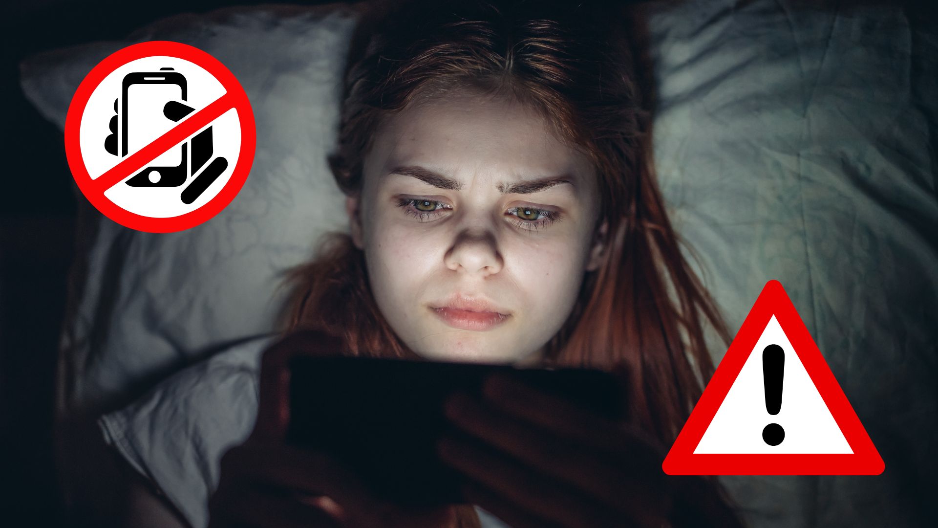 Person using a smartphone before bed, with warning signs.