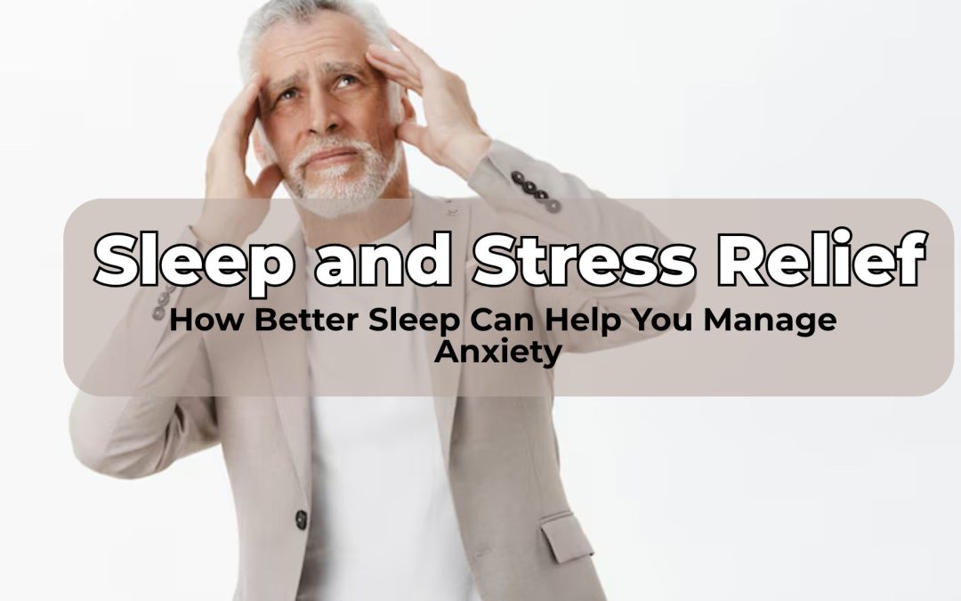Man with gray hair holding his head, stressed, emphasizing sleep and stress relief.