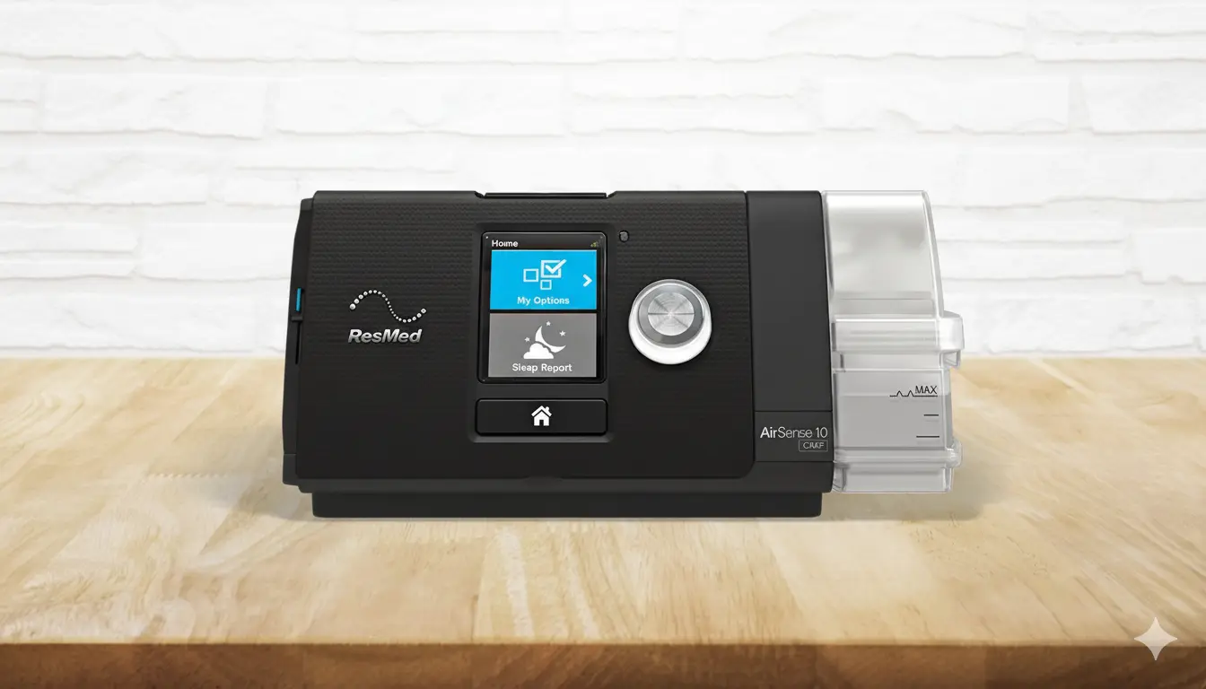 ResMed AirSense 10 CPAP machine on a wooden surface.