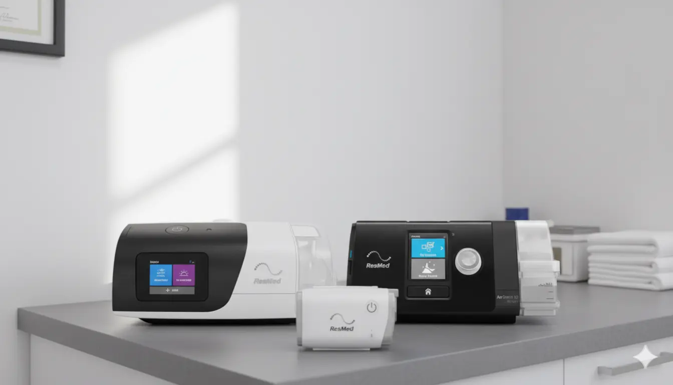 ResMed CPAP machines on a counter with towels in the background.
