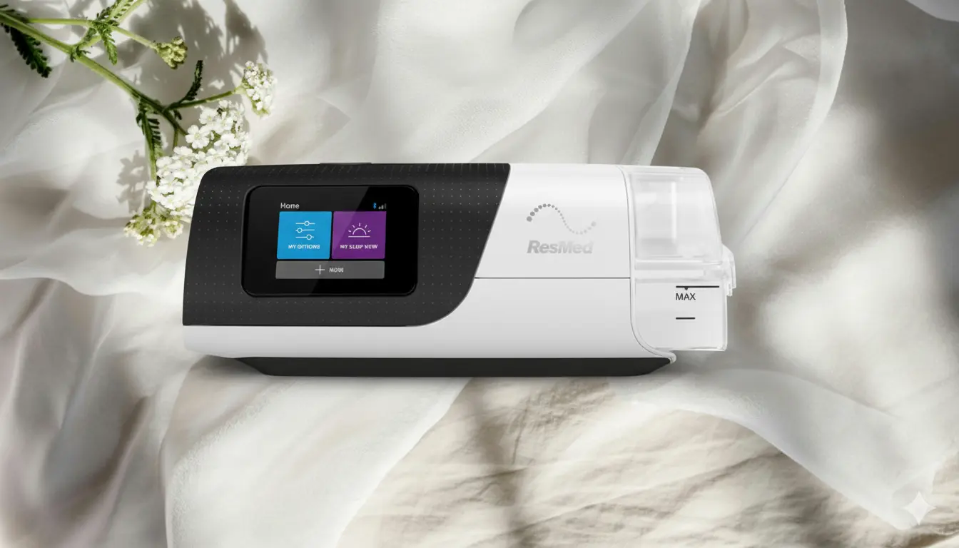 ResMed CPAP machine on a soft fabric surface with flowers.