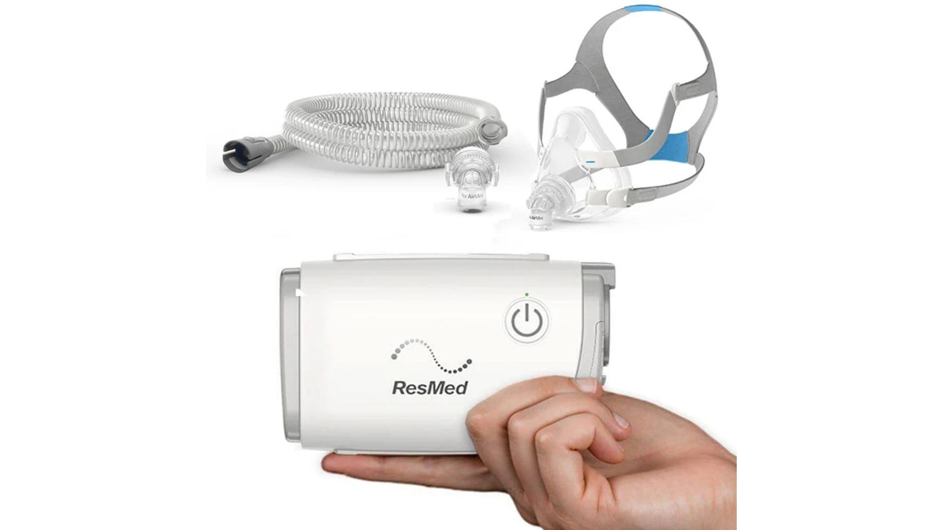 ResMed AirMini compact CPAP device fits in one hand