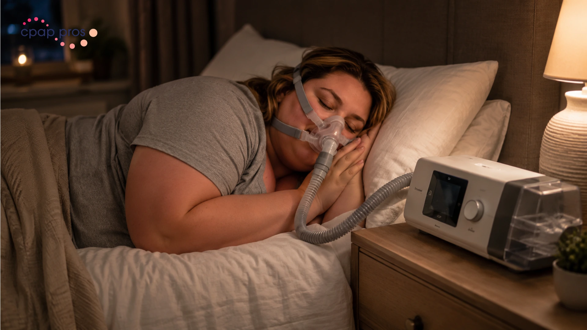 Woman using CPAP machine for better sleep apnea treatment nightly