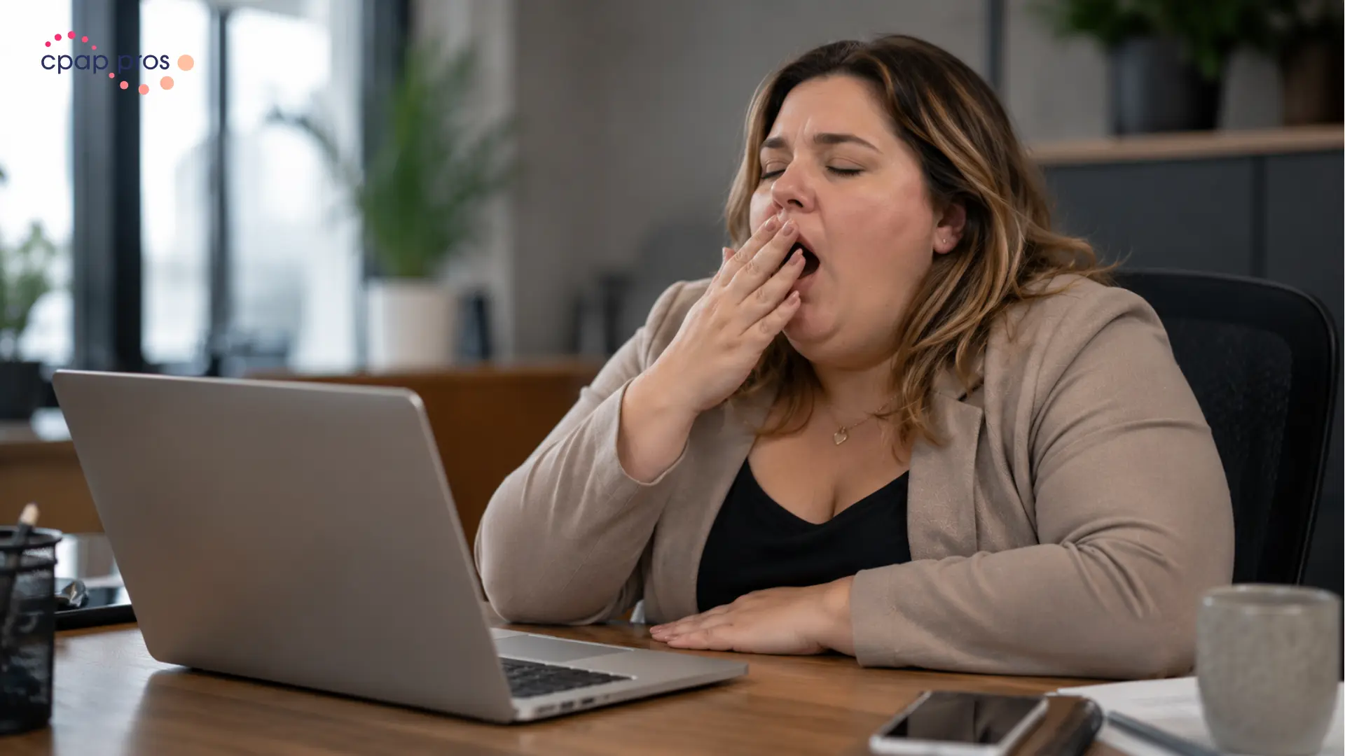 Woman feeling exhausted from untreated sleep apnea during work