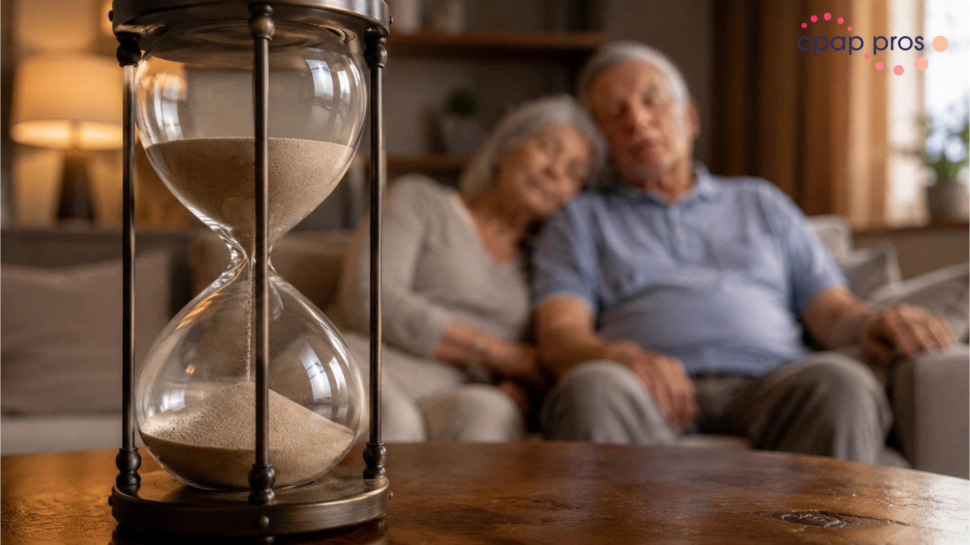 Hourglass beside senior couple about sleep apnea and aging risks