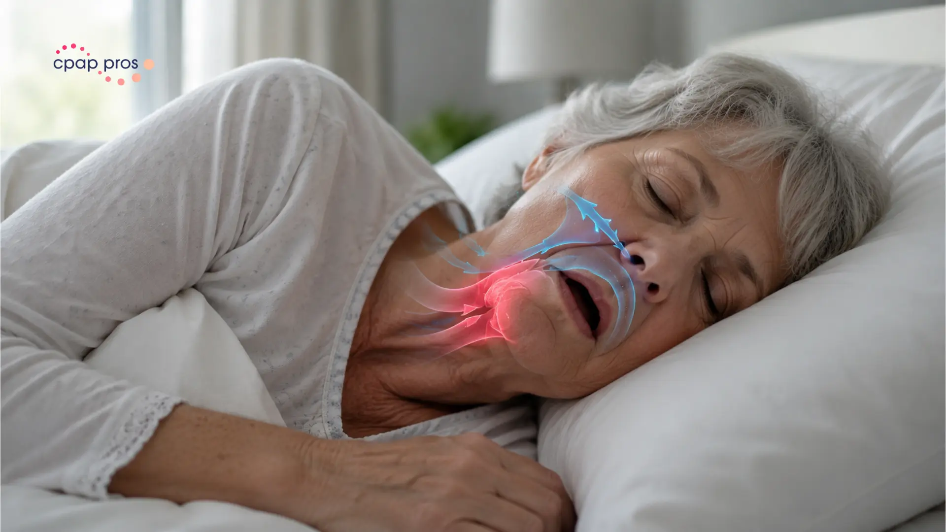 Woman experiencing Last Stage of Sleep Apnea while sleepingCaption (70 characters):